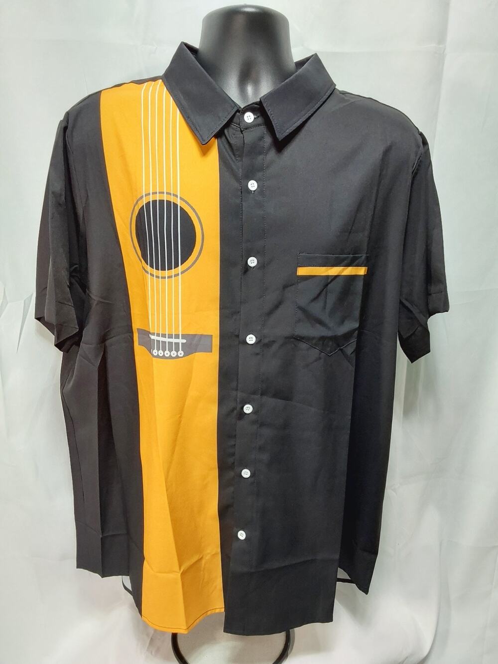 Urchics XXL Black/Orange Guitar Print Collard Button-Down Shirt #2Y40A